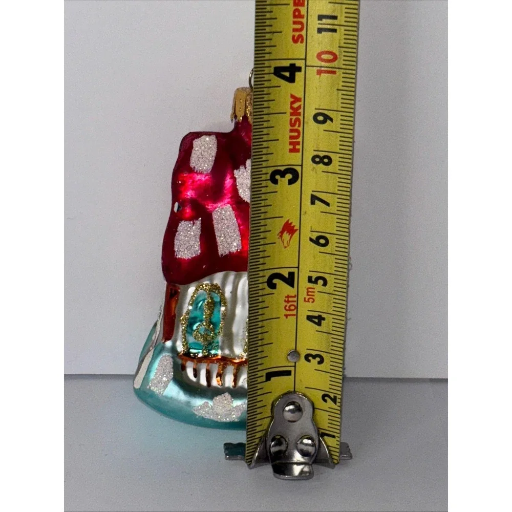 Vintage Blown Glass Christmas Cottage House Red Snowy Glitter Roof Ornament 4